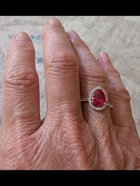 Silver Ring with Pear-Shaped Pink Gemstone and Halo, Size 6